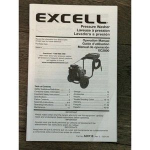 Excell Pressure Washer Owner Operation Manual XC2800 English French Spanish